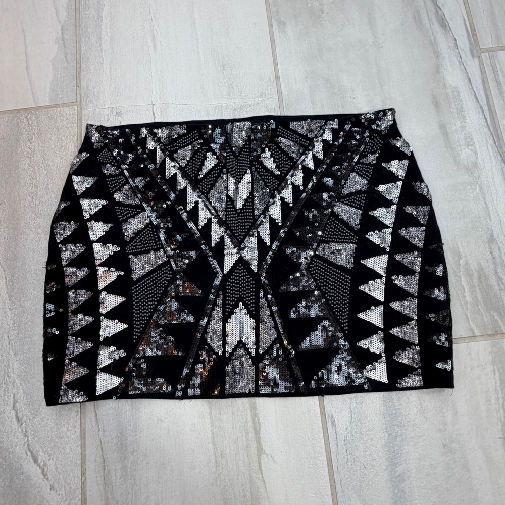 Express Silver Sequin Geometric Bodycon Mini Skirt Black L